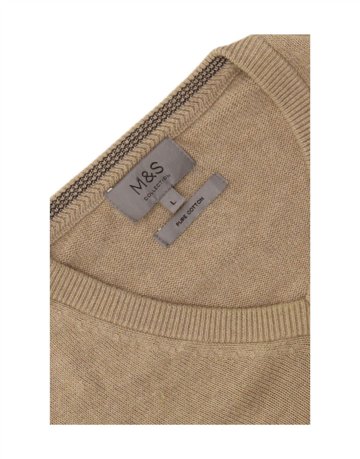 Marks & Spencer Mens V-Neck Jumper Sweater Large Beige Cotton