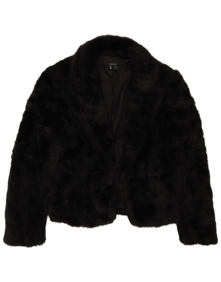 Zara Womens Open Faux Fur Jacket UK 10 Small Black Acrylic