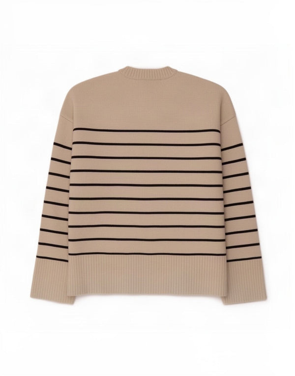 Zara Womens Oversized Crew Neck Jumper Sweater UK 14 Medium Beige Striped