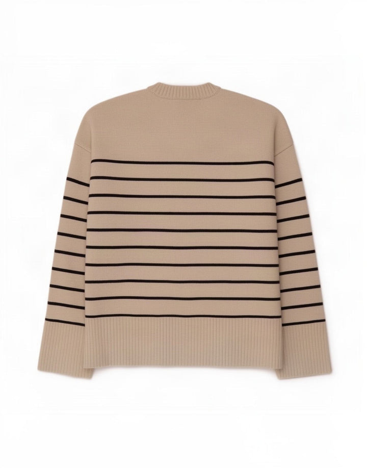 Zara Womens Oversized Crew Neck Jumper Sweater UK 14 Medium Beige Striped