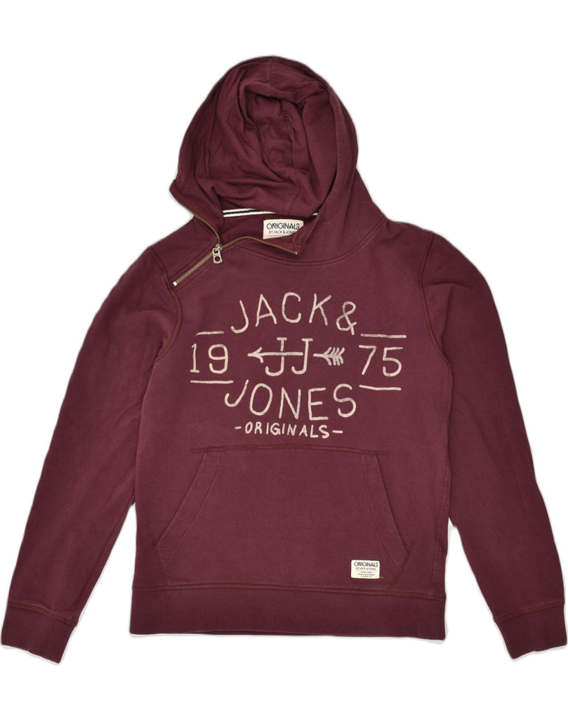 JACK & JONES Mens Graphic Zip Neck Hoodie Jumper Medium Burgundy Cotton | Vintage Jack & Jones | Thrift | Second-Hand Jack & Jones | Used Clothing | Messina Hembry 