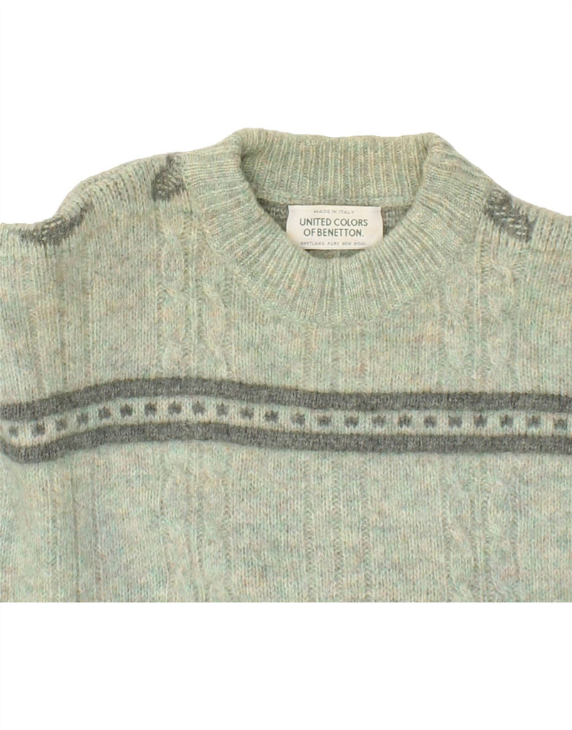 BENETTON Mens Crew Neck Jumper Sweater Medium Green Fair Isle Virgin Wool Vintage Benetton and Second-Hand Benetton from Messina Hembry 