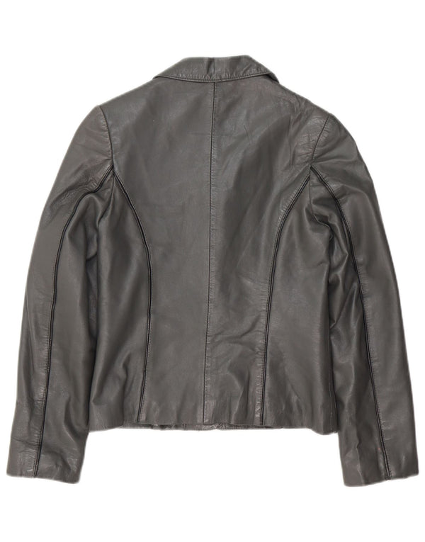 Vintage Womens Crop 3 Button Leather Blazer Jacket UK 8 Small Grey Leather