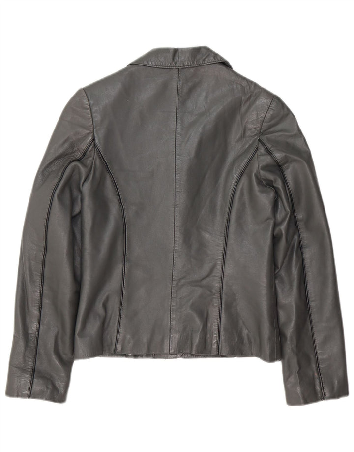 Vintage Womens Crop 3 Button Leather Blazer Jacket UK 8 Small Grey Leather