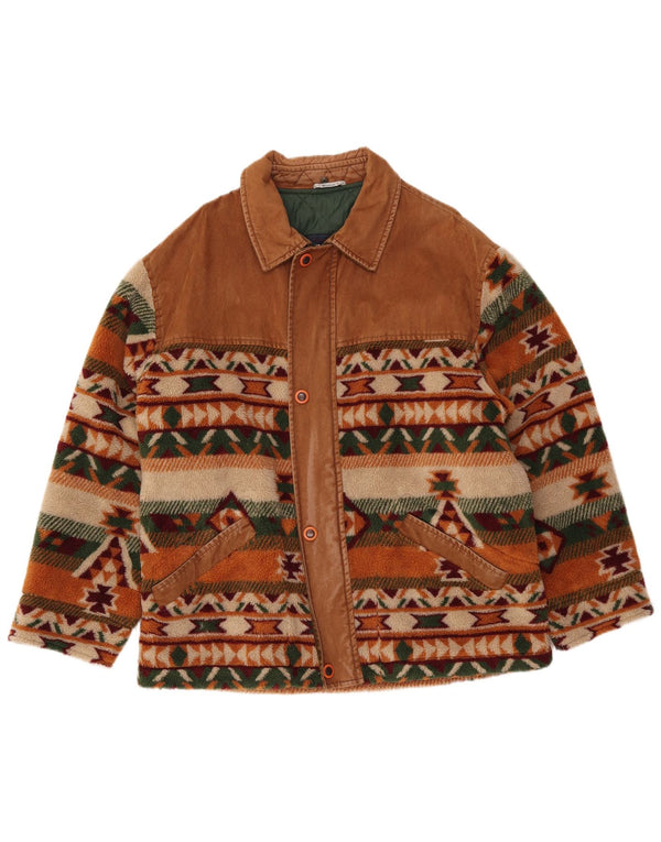 WAMPUM Mens Fleece Jacket UK 40 Large Brown Geometric