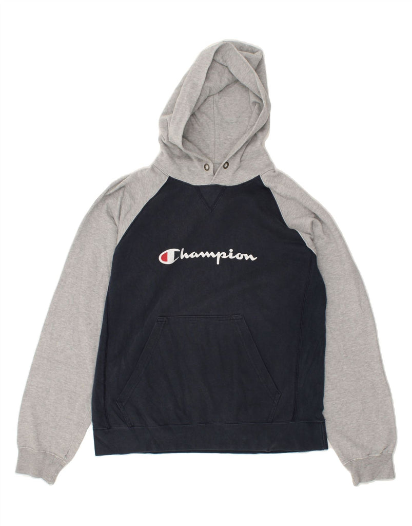 CHAMPION Womens Graphic Hoodie Jumper UK 14 Medium Navy Blue Colourblock | Vintage Champion | Thrift | Second-Hand Champion | Used Clothing | Messina Hembry 