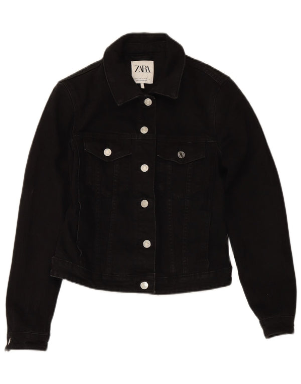 ZARA Womens Crop Denim Jacket UK 10 Small Black Cotton
