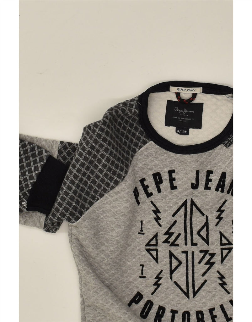 PEPE JEANS Boys Graphic Sweatshirt Jumper 7-8 Years Grey Colourblock | Vintage PEPE Jeans | Thrift | Second-Hand PEPE Jeans | Used Clothing | Messina Hembry 