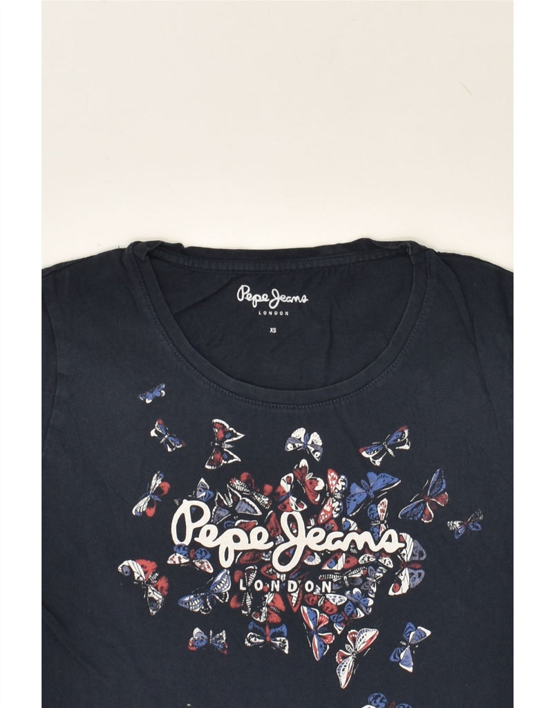 PEPE JEANS Womens Graphic T-Shirt Top UK 6 XS Navy Blue Cotton | Vintage PEPE Jeans | Thrift | Second-Hand PEPE Jeans | Used Clothing | Messina Hembry 