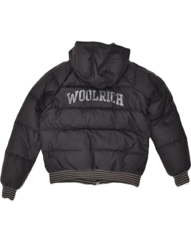 WOOLRICH Womens Graphic Hooded Padded Jacket UK 12 Medium Navy Blue | Vintage Woolrich | Thrift | Second-Hand Woolrich | Used Clothing | Messina Hembry 