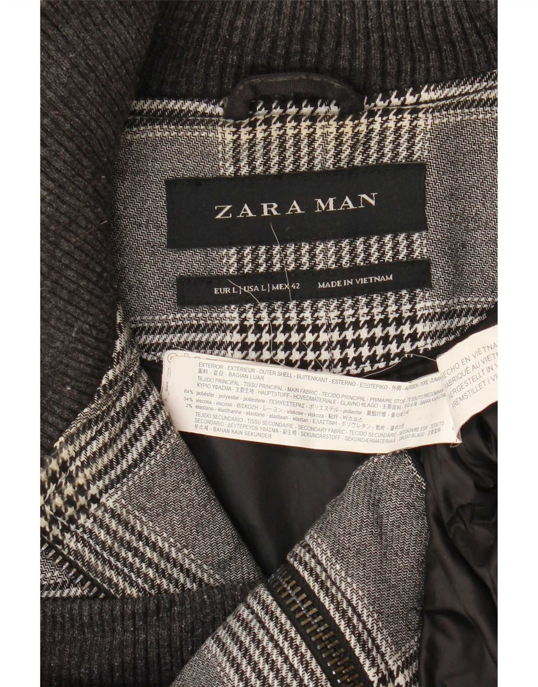 Zara Mens Bomber Jacket UK 40 Large Grey Houndstooth Polyester