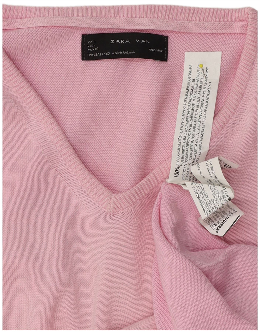 Zara Mens V-Neck Jumper Sweater Large Pink Cotton