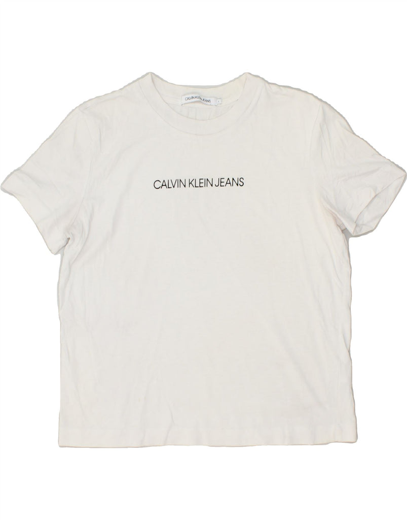 CALVIN KLEIN Womens Crop Graphic T-Shirt Top UK 16 Large White Cotton Vintage Calvin Klein and Second-Hand Calvin Klein from Messina Hembry 