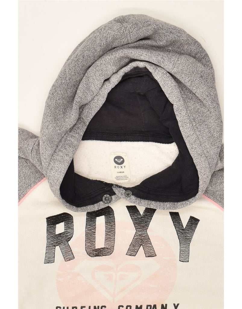 ROXY Womens Graphic Hoodie Jumper UK 16 Large Grey Cotton | Vintage Roxy | Thrift | Second-Hand Roxy | Used Clothing | Messina Hembry 