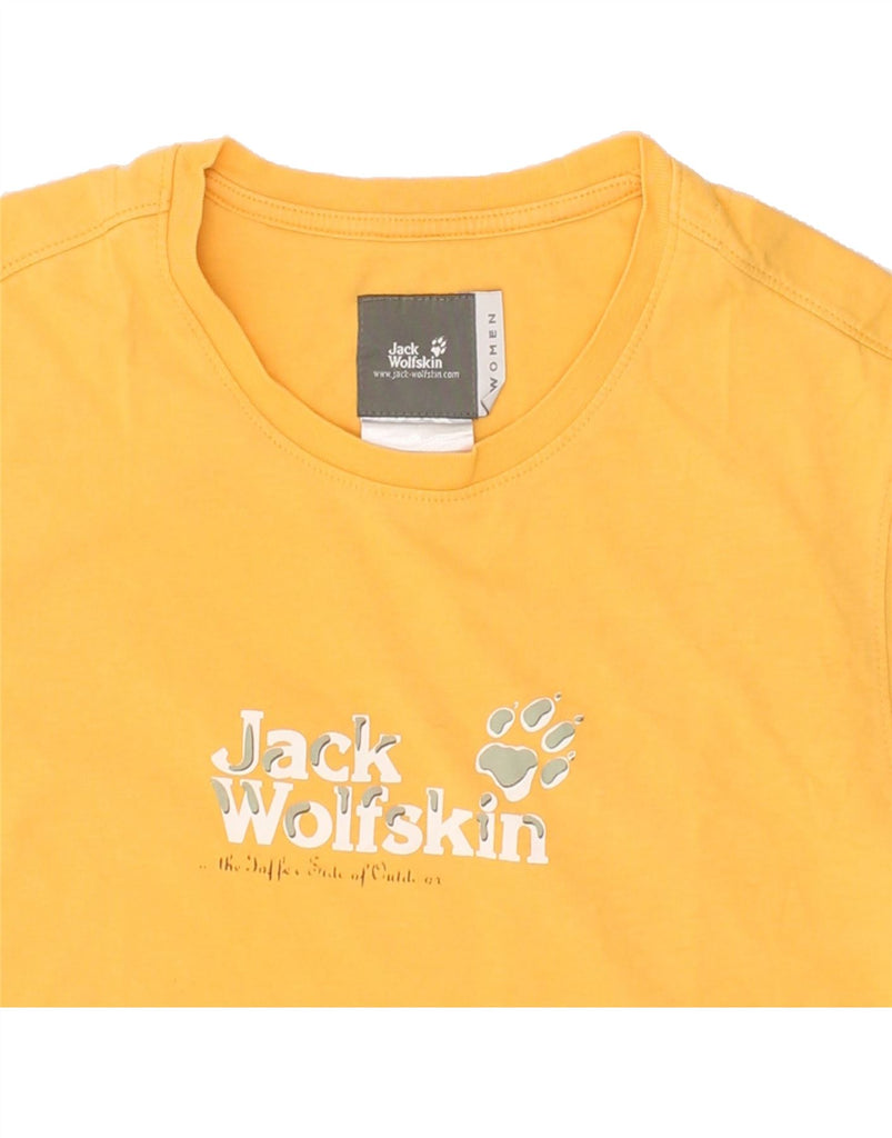 JACK WOLFSKIN Womens Graphic T-Shirt Top UK 14 Large Yellow Cotton Vintage Jack Wolfskin and Second-Hand Jack Wolfskin from Messina Hembry 