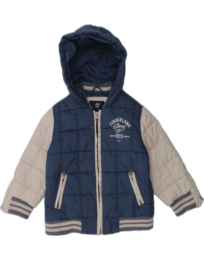 TIMBERLAND Boys Graphic Hooded Padded Jacket 2-3 Years Blue Colourblock | Vintage Timberland | Thrift | Second-Hand Timberland | Used Clothing | Messina Hembry 