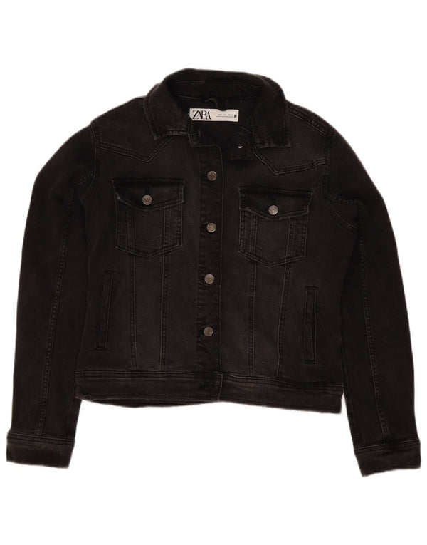 Zara Womens Crop Denim Jacket UK 16 Large Black Cotton