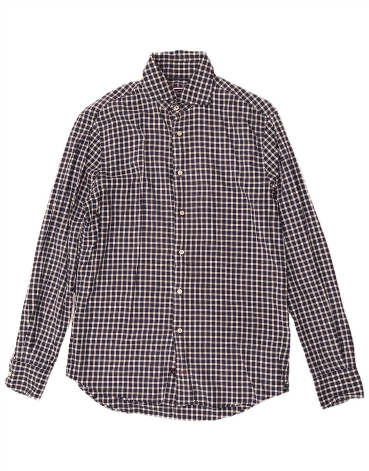 Tommy Hilfiger Mens Fitted Shirt Size 38 15 Medium Navy Blue Gingham Cotton