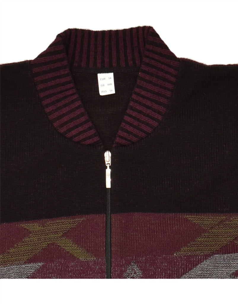 VINTAGE Mens Cardigan Sweater UK 44 XL Burgundy Geometric Polyacrylic | Vintage Vintage | Thrift | Second-Hand Vintage | Used Clothing | Messina Hembry 