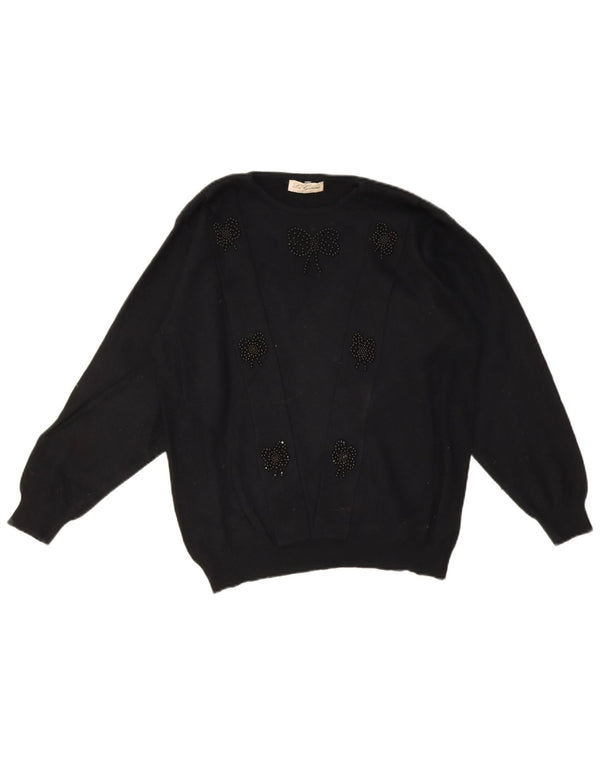 Vintage Womens Graphic Crew Neck Jumper Sweater UK 16 Large Black Angora
