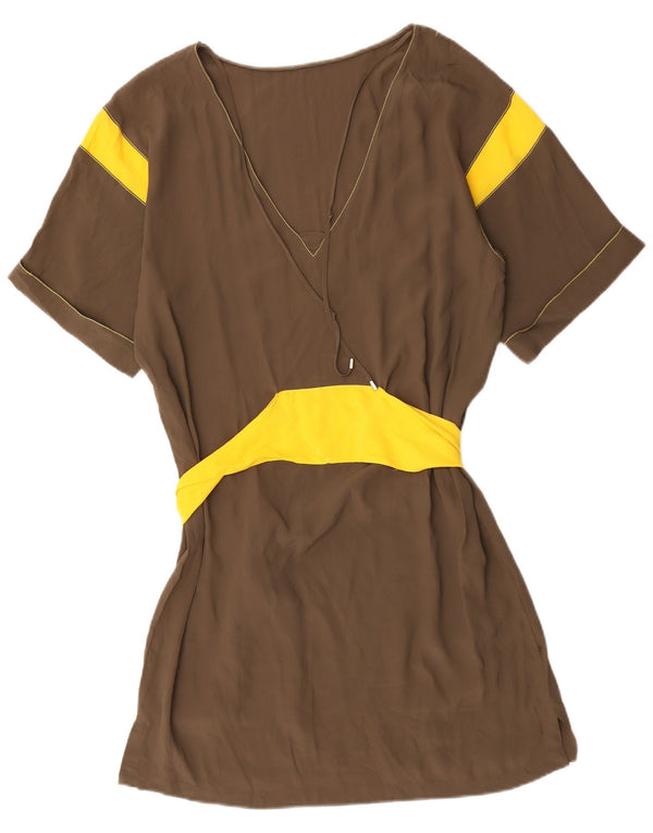 Vintage Womens Short Sleeves Tunic Dress UK 16 Large Brown Colourblock