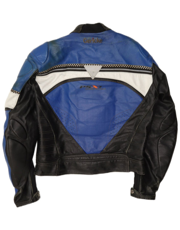 Hein Gericke Mens Moto Racer Leather Jacket Size 54 XL Blue Colourblock