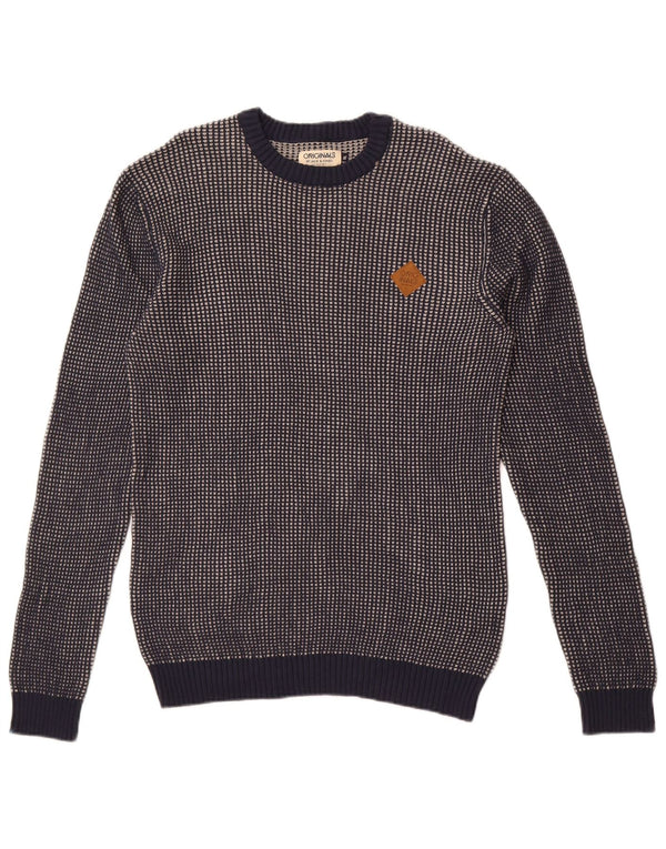 Jack & Jones Mens Crew Neck Jumper Sweater XL Navy Blue Geometric Cotton