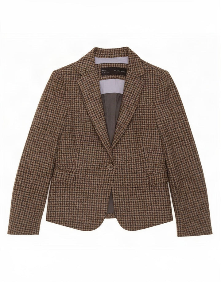 Zara Womens 1 Button Blazer Jacket UK 10 Small Brown Houndstooth Wool
