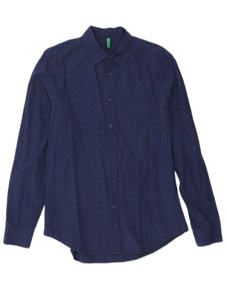 Benetton Mens Shirt Large Navy Blue Spotted Cotton