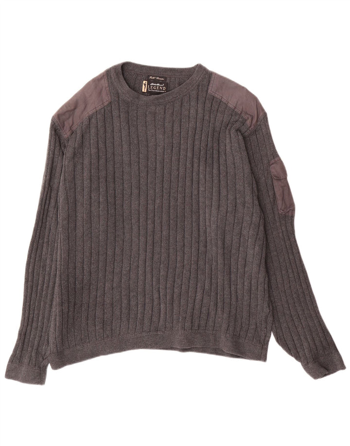 Eddie Bauer Mens Crew Neck Jumper Sweater Large Grey Colourblock Cotton
