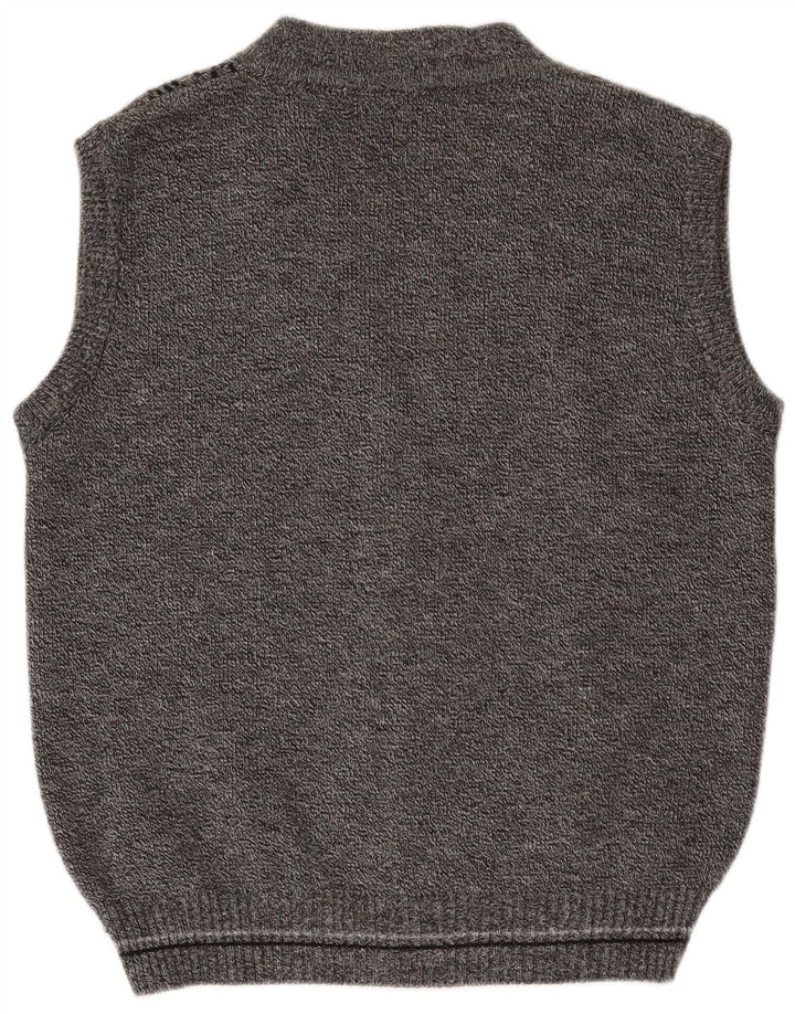 Vintage Mens Sleeveless Cardigan Sweater Medium Grey Geometric Acrylic