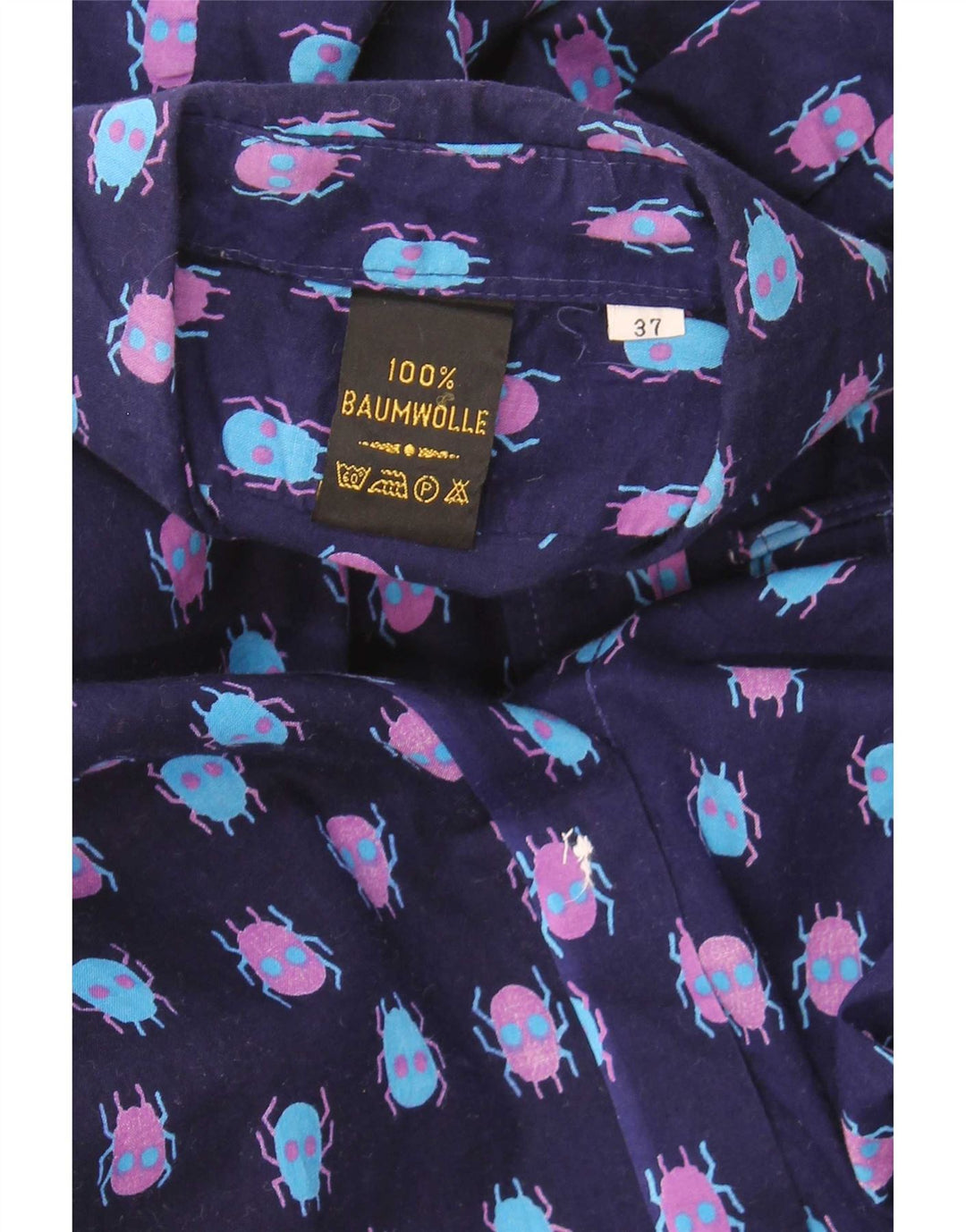 Vintage Mens Abstract Pattern Shirt Size 37 Small Navy Blue Cotton