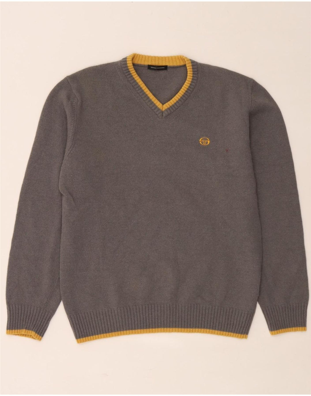 Sergio Tacchini Mens V-Neck Jumper Sweater Large Grey Striped Wool