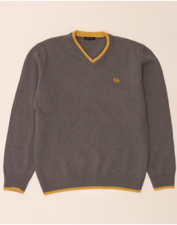 Sergio Tacchini Mens V-Neck Jumper Sweater Large Grey Striped Wool