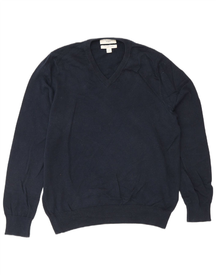 Marks & Spencer Mens V-Neck Jumper Sweater Medium Navy Blue Cotton