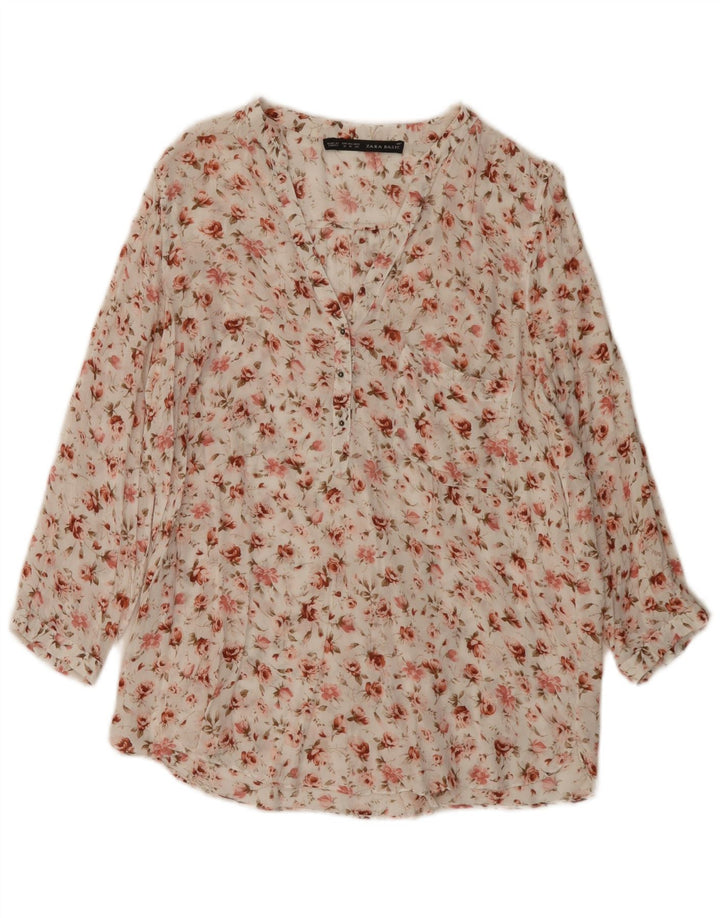 Zara Womens 3/4 Sleeve Blouse Top UK 14 Medium White Floral