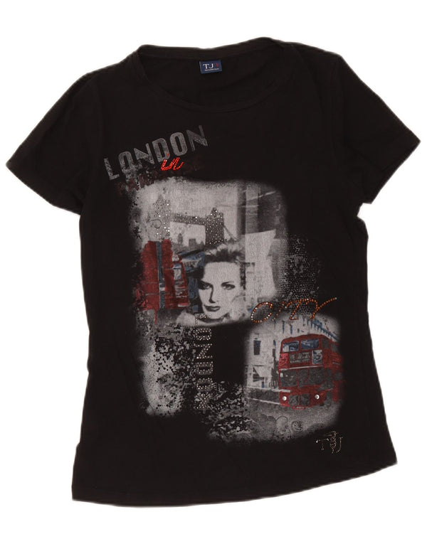 Trussardi Jeans Womens Graphic T-Shirt Top UK 10 Small Black