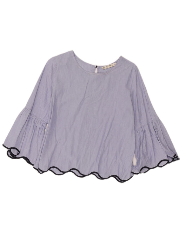 Zara Womens Crop 3/4 Sleeve Blouse Top UK 14 Medium Blue Striped
