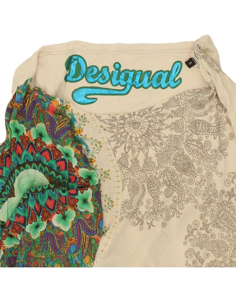 DESIGUAL Womens Batwing Graphic Top Long Sleeve UK 10 Small Beige Floral Vintage Desigual and Second-Hand Desigual from Messina Hembry 