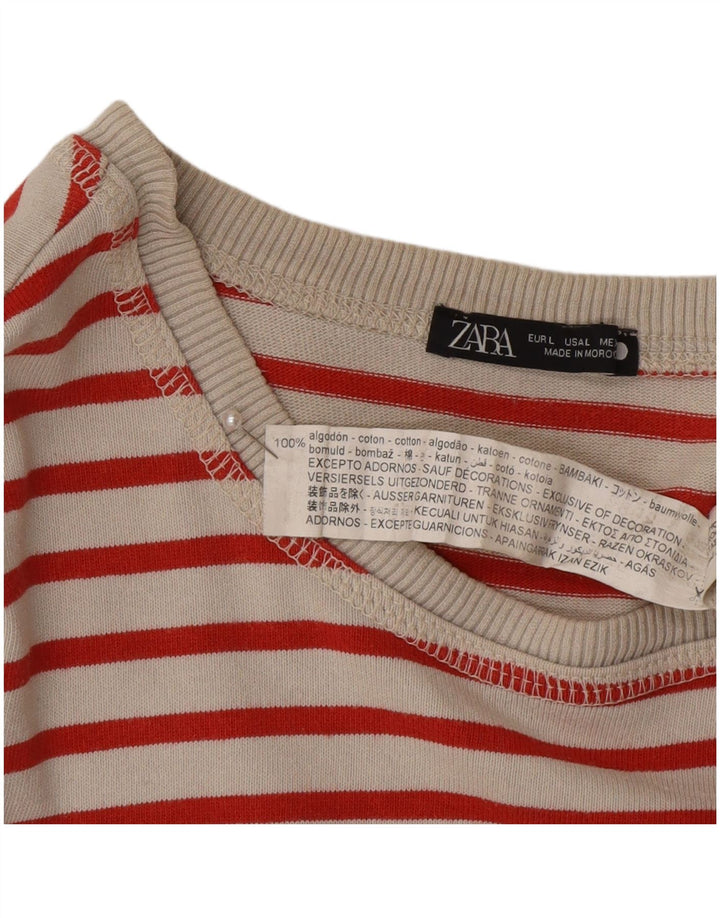 Zara Womens Top Long Sleeve UK 16 Large Red Striped Cotton