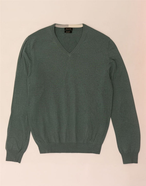 Massimo Dutti Mens V-Neck Jumper Sweater Large Green Cotton