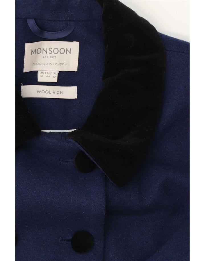 Monsoon Womens Double Breasted Coat UK 16 Large Blue Wool