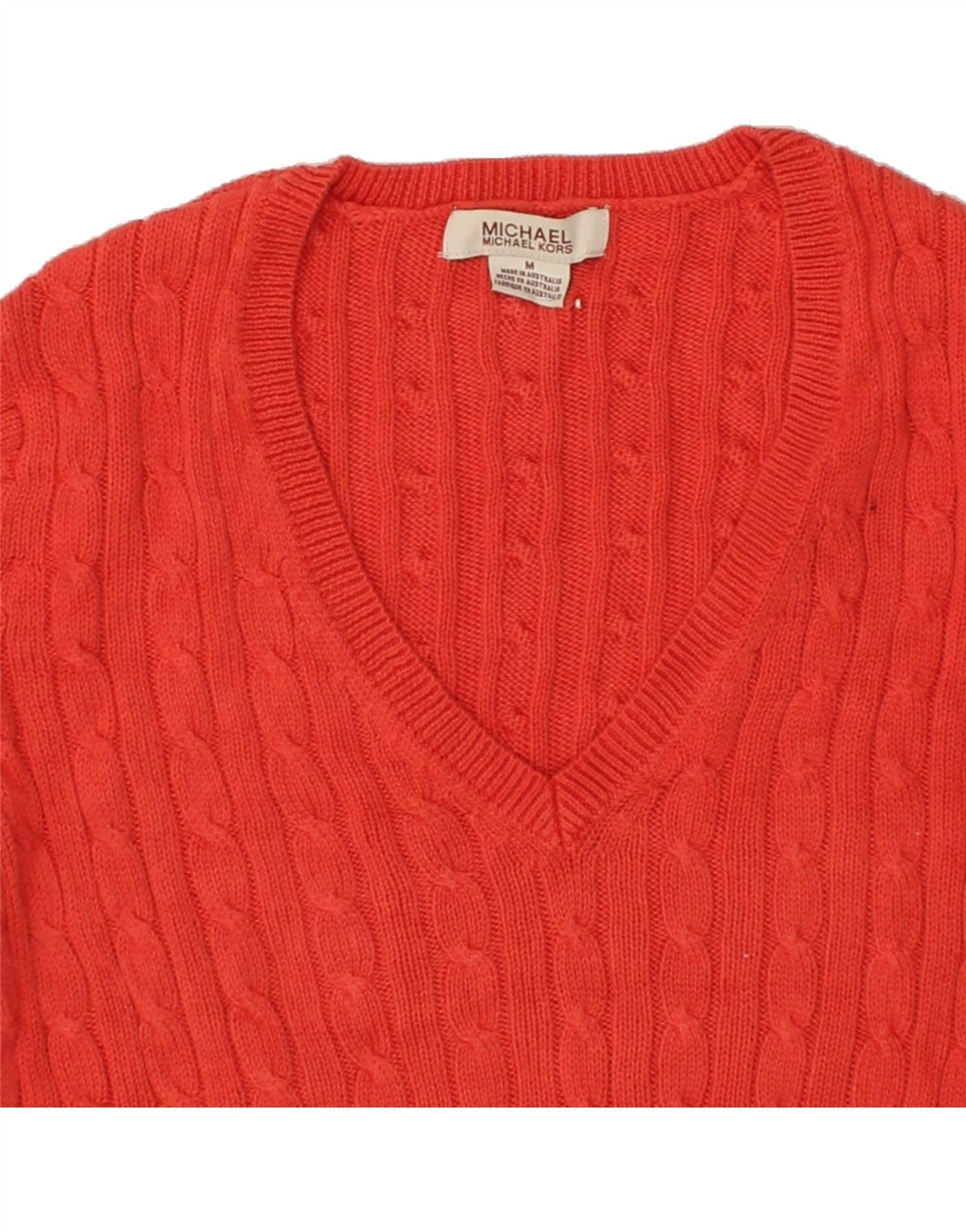 MICHAEL KORS Womens V Neck Jumper Sweater UK 12 Medium Red Cotton Vintage Second Hand Clothing Online Messina Hembry