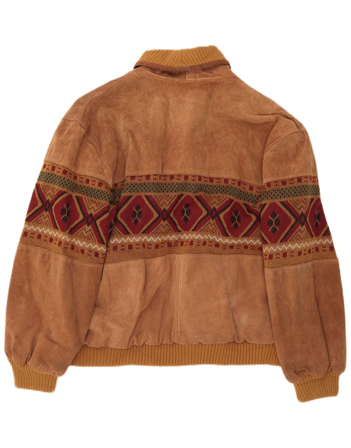 Vintage Mens Suede Bomber Jacket UK 42 XL Brown Geometric