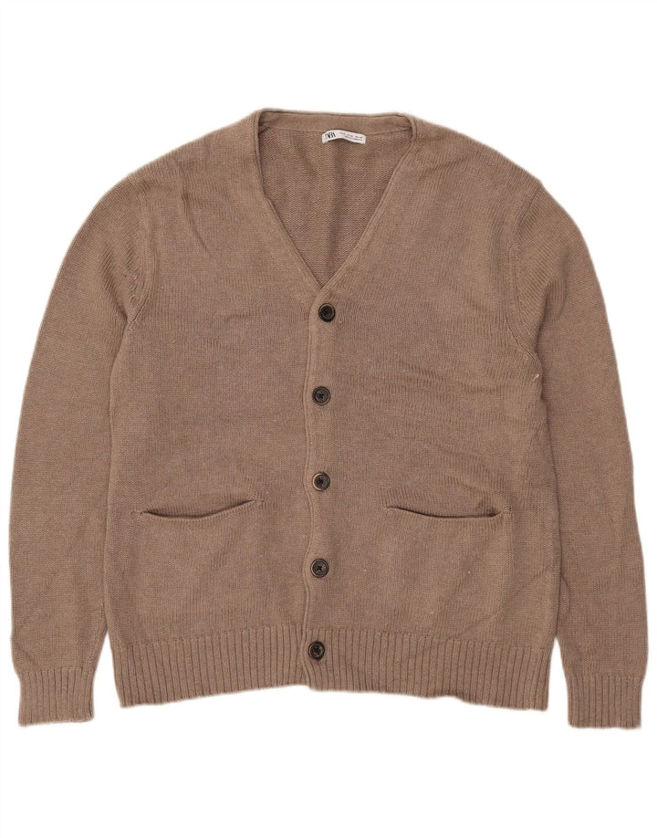 Zara Mens Cardigan Sweater Medium Beige Cotton