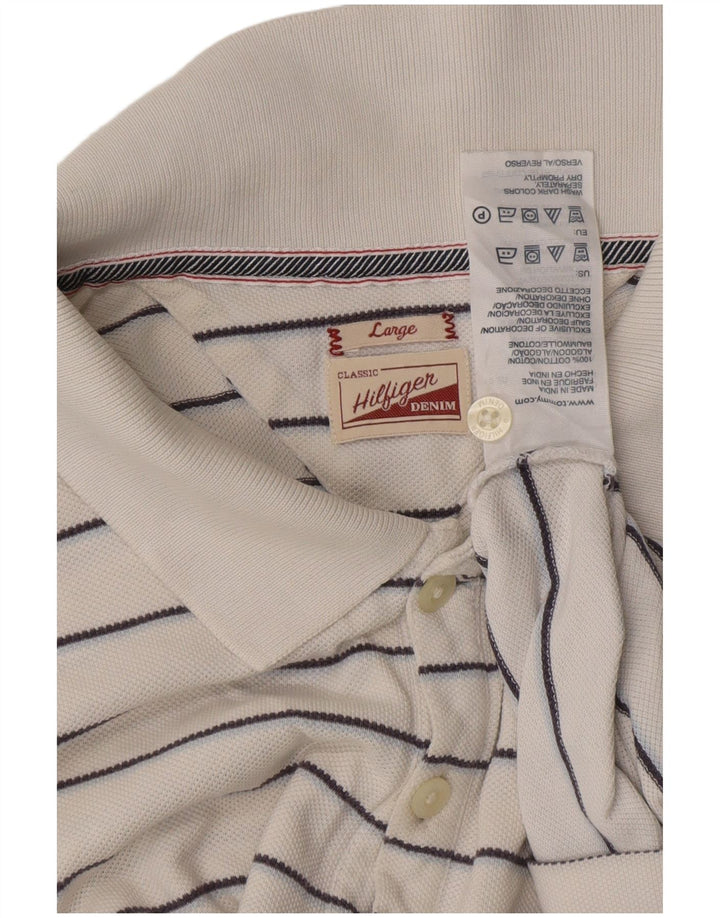 TOMMY HILFIGER Mens Classic Polo Shirt Large White Striped Cotton