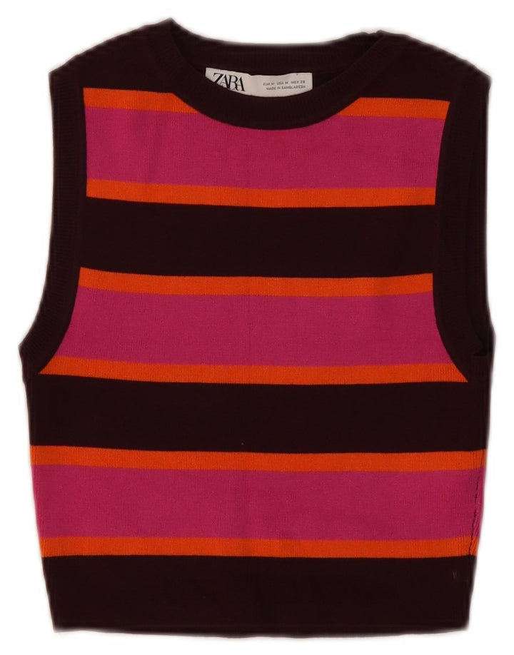 Zara Womens Crop Vest Top UK 12 Medium Multicoloured Striped Viscose