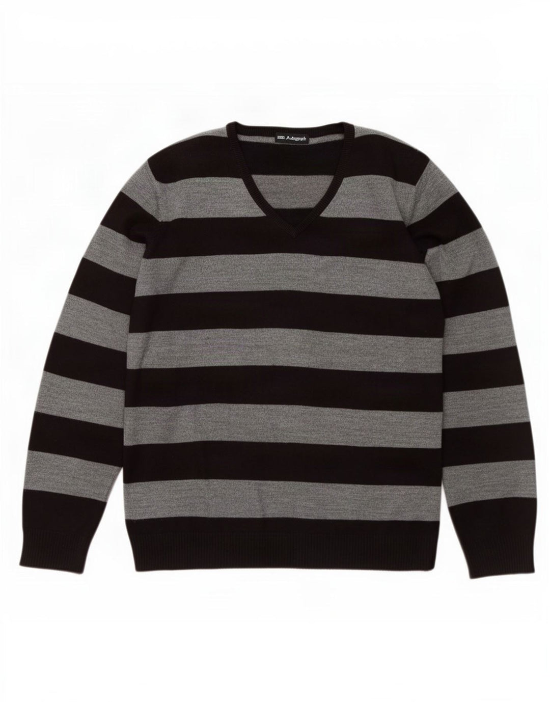 Marks & Spencer Mens V-Neck Jumper Sweater Large Grey Striped Acrylic