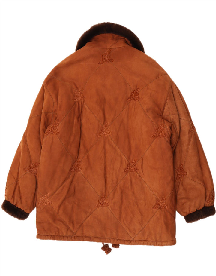 Christia Womens Leather Coat UK 16 Large Brown Floral
