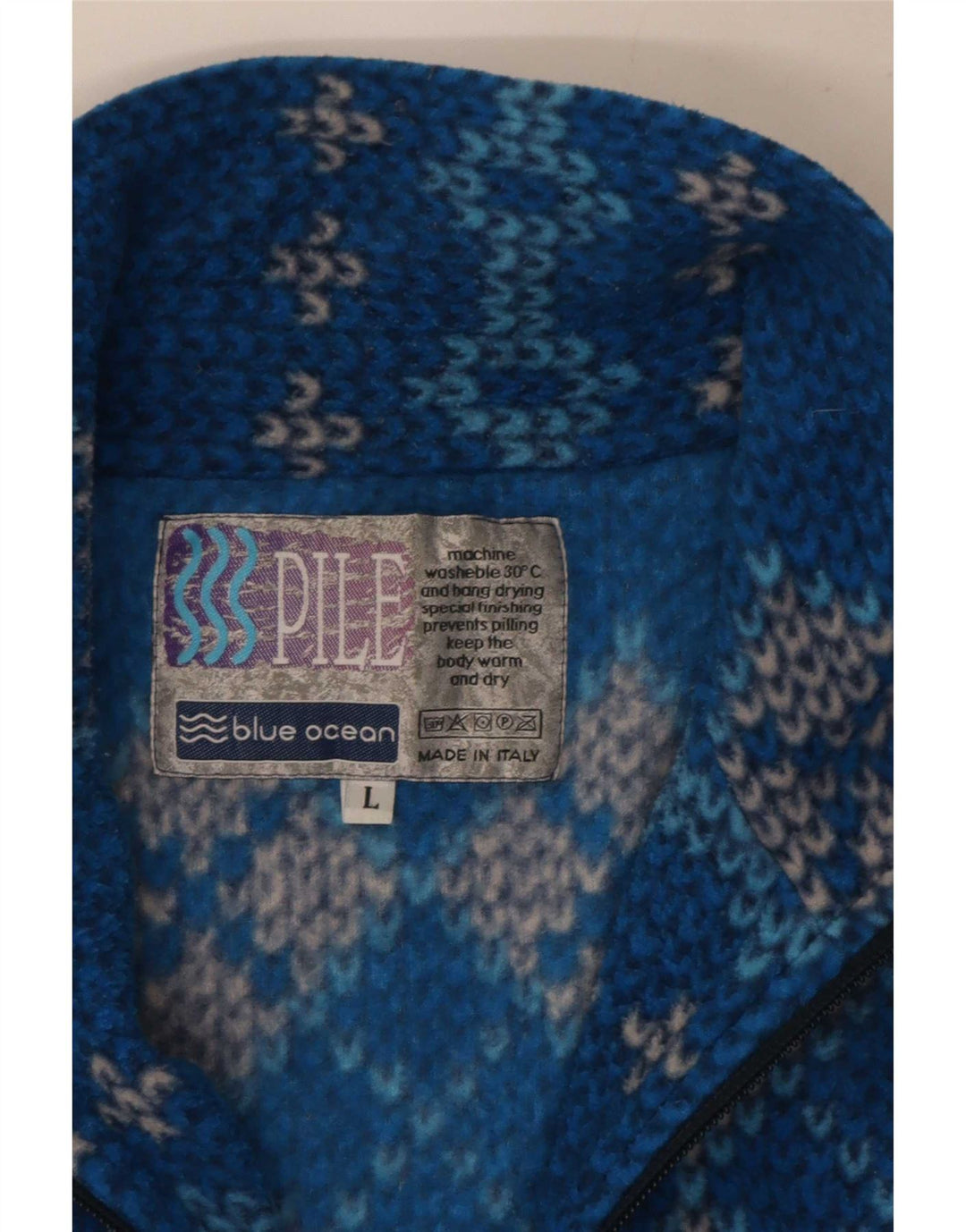 Vintage Mens Zip Neck Jumper Sweater Large Blue Geometric